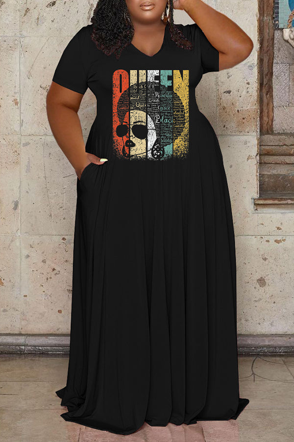 Casual Printed V-Neck Short Sleeve Plus Size Maxi Dress