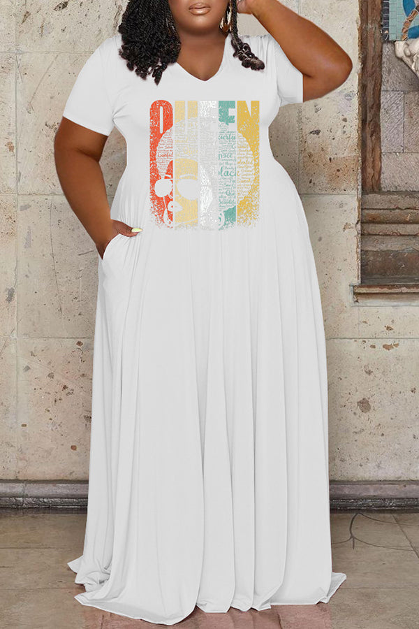 Casual Printed V-Neck Short Sleeve Plus Size Maxi Dress