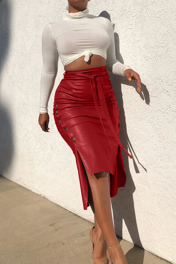 Stylish Slim Fit Lace-Up Sexy Slit Midi Skirt