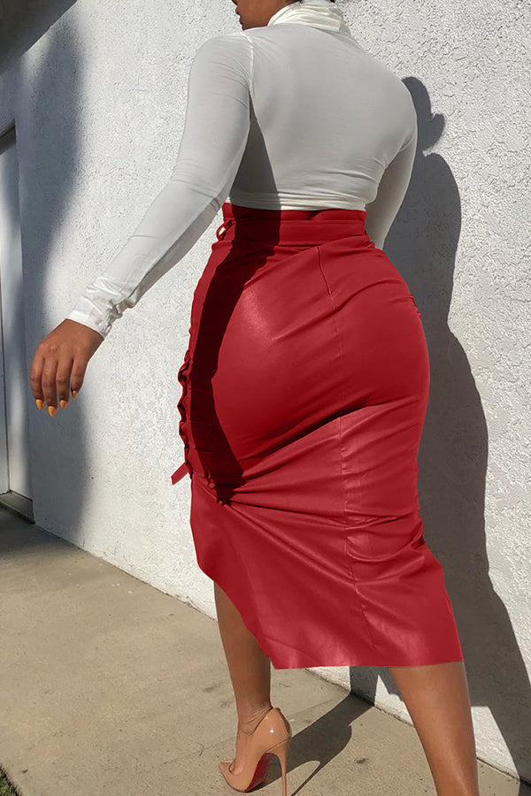 Stylish Slim Fit Lace-Up Sexy Slit Midi Skirt
