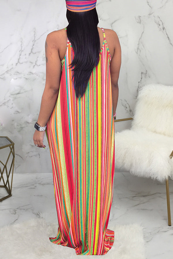Fashion Color Stripe Loose Sleeveless V-Neck Sling Long Dress