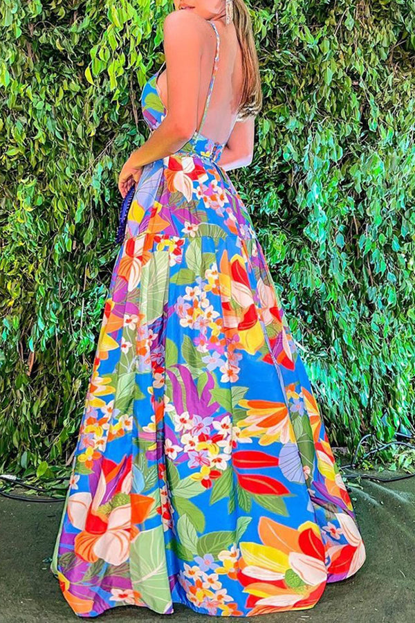 Bohemian Floral Print High Waist Slip Maxi Dress