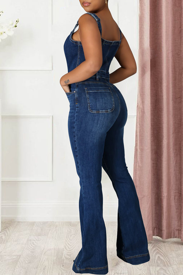 Fashion Casual Flared Wide Leg Breasted Suspender Denim Jumpsuit