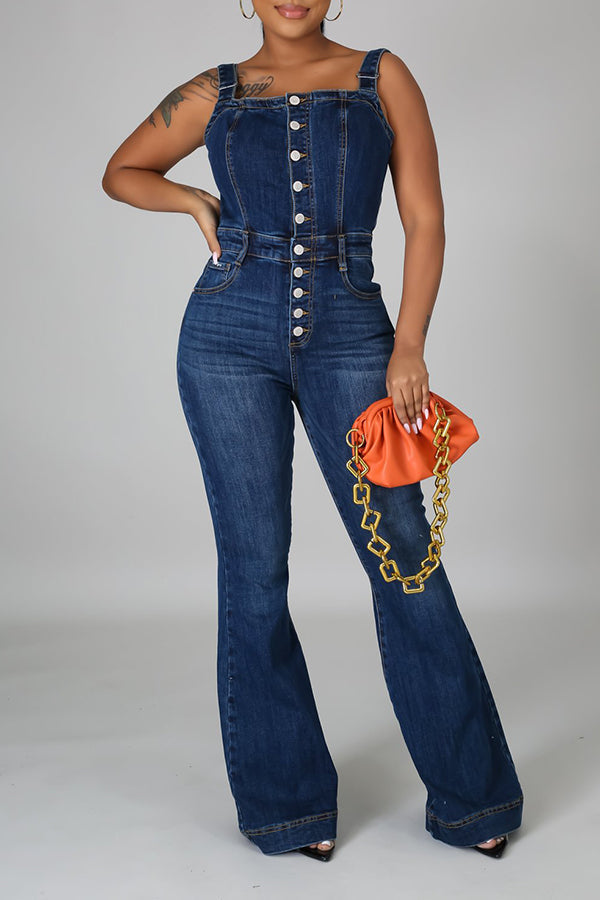 Fashion Casual Flared Wide Leg Breasted Suspender Denim Jumpsuit