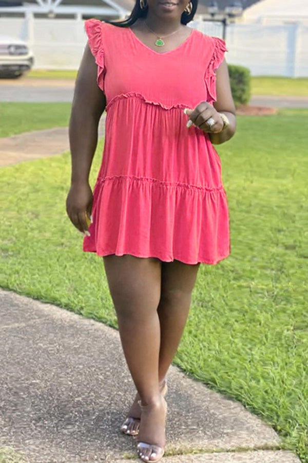 Plus Size Solid Color Casual V-Neck Sleeveless Ruffle Short Dress