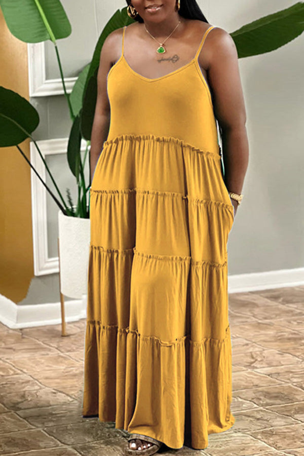Plus Size Fashion Casual Solid Color Pleated Stitching Suspender Maxi Dress