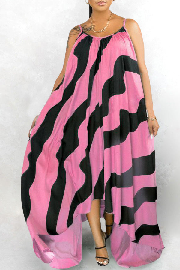 Striped Print Floor Mopping Irregular Hem Plus Size Loose Sling Maxi Dress