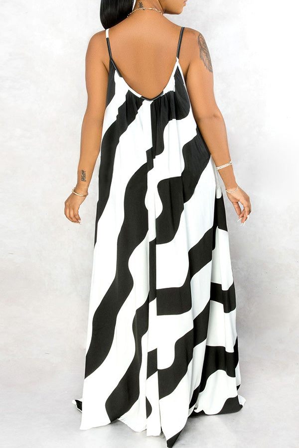 Striped Print Floor Mopping Irregular Hem Plus Size Loose Sling Maxi Dress