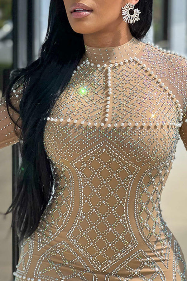 Fashion Sexy Diamond Mesh Beaded Long Sleeve Dress