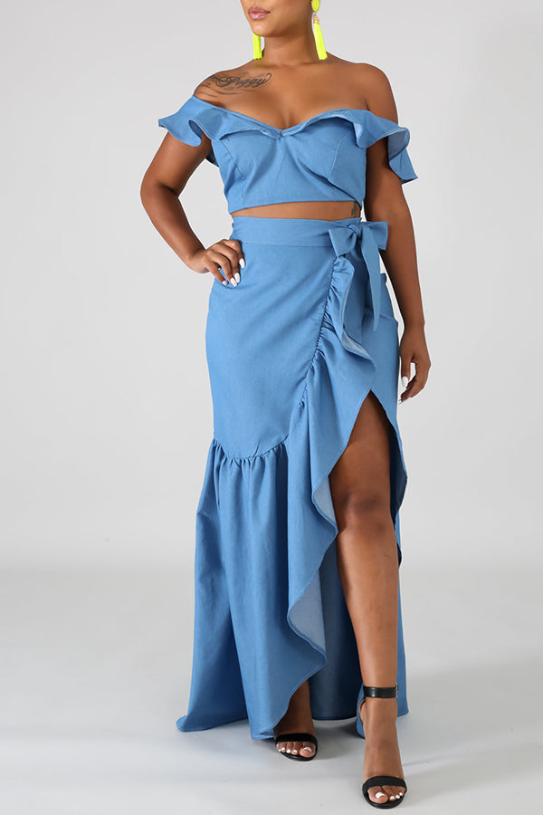 Solid Color V-Neck Ruffled Off-Shoulder Irregular Slit Dress Set