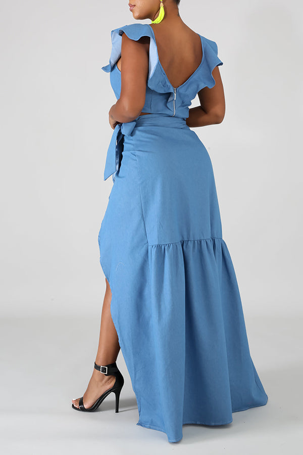 Solid Color V-Neck Ruffled Off-Shoulder Irregular Slit Dress Set