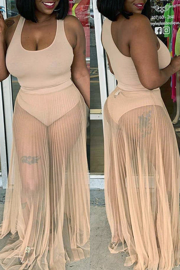 Casual Fashion Sleeveless Bodysuit Pleated Long Skirt Two Piece Set