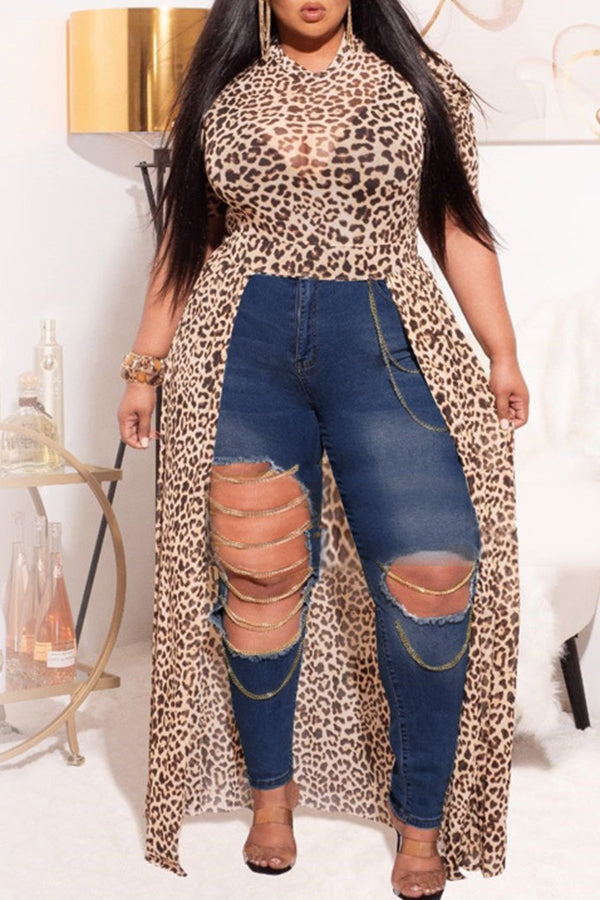Plus Size Slim Fit Ripped Chain High Stretch Jeans