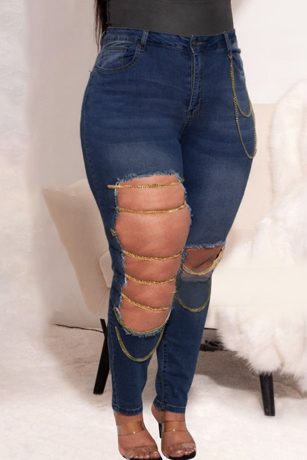 Plus Size Slim Fit Ripped Chain High Stretch Jeans
