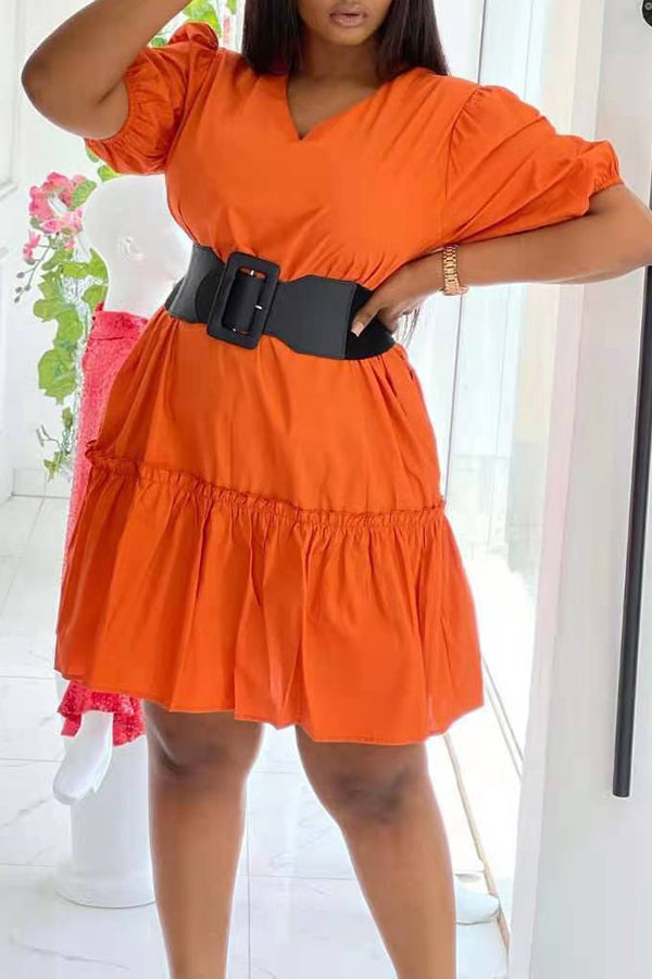 Solid Color Pullover V-Neck Loose Ruffle Short Sleeve Dress