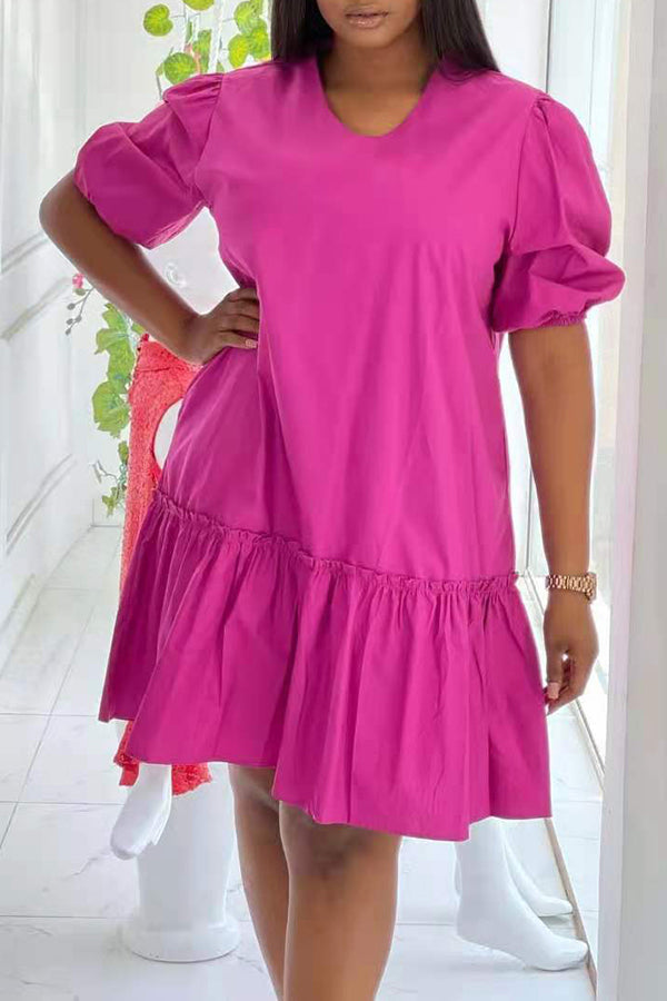 Solid Color Pullover V-Neck Loose Ruffle Short Sleeve Dress
