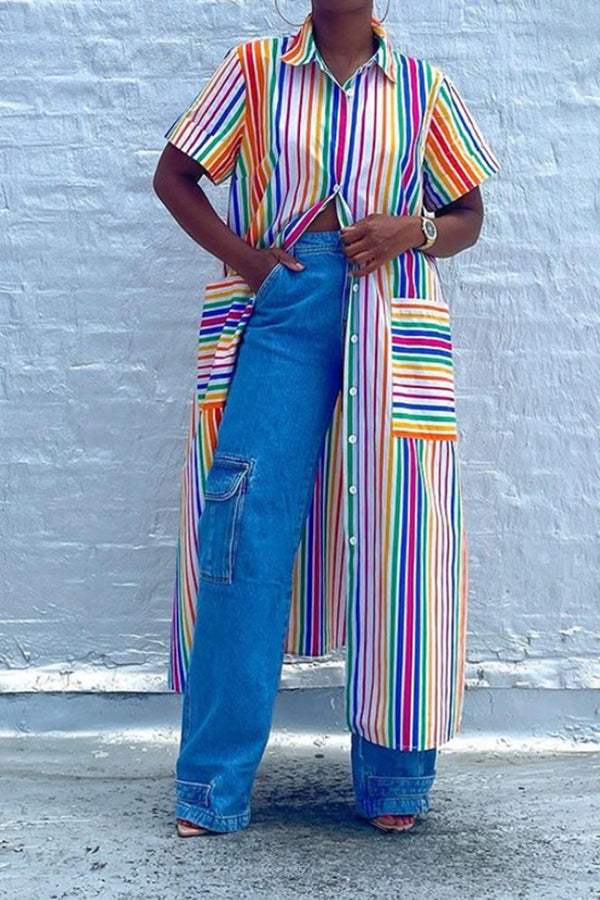Multicolored Vertical Stripes Print Lapel Patch Pocket Long Shirt Dress