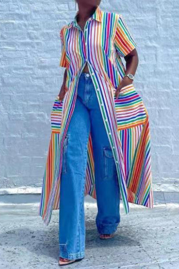 Multicolored Vertical Stripes Print Lapel Patch Pocket Long Shirt Dress