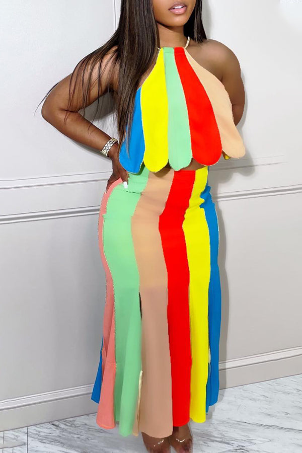 Colorblock Striped Sleeveless Sling High Waist Slit Fringe Dress Set