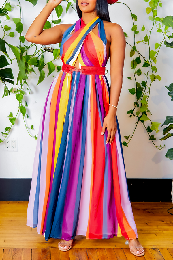 Colorful Striped Chiffon Halterneck Crossover Backless Maxi Dress