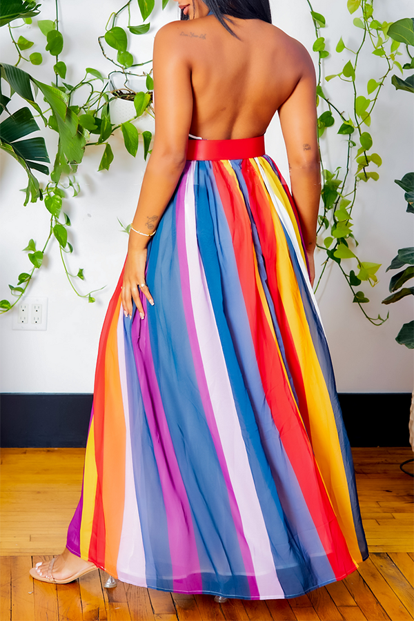 Colorful Striped Chiffon Halterneck Crossover Backless Maxi Dress