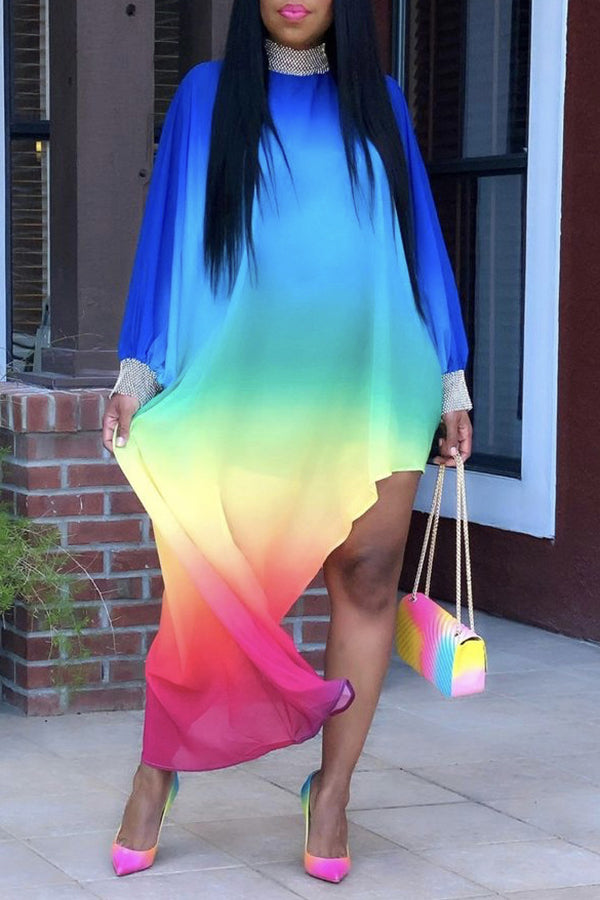 Casual Irregular Rainbow Gradient Loose Dress