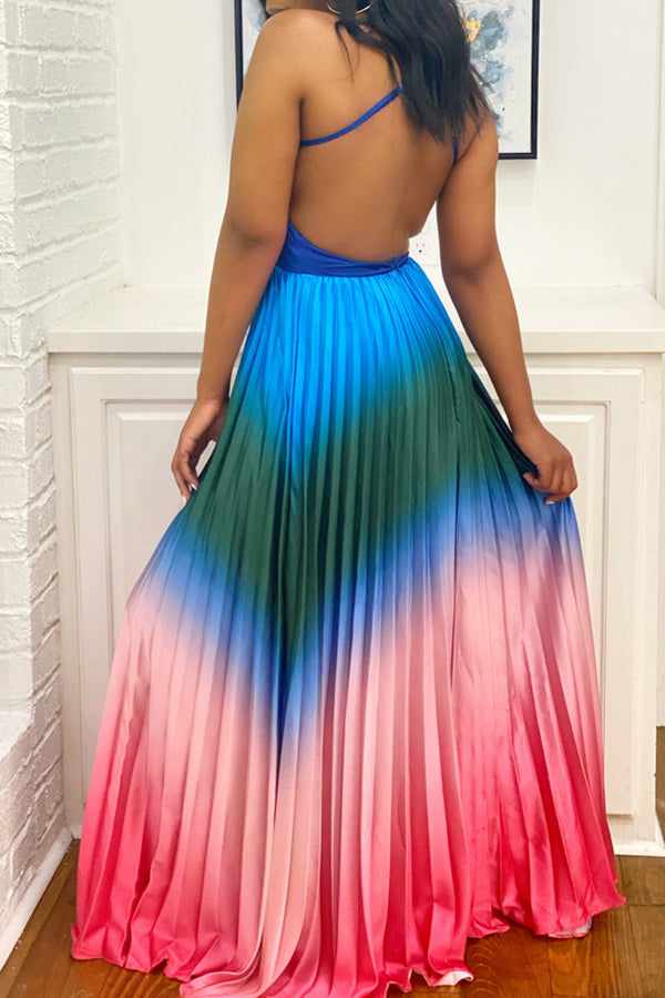 Trendy Gradient Pleated Sling Maxi Dress
