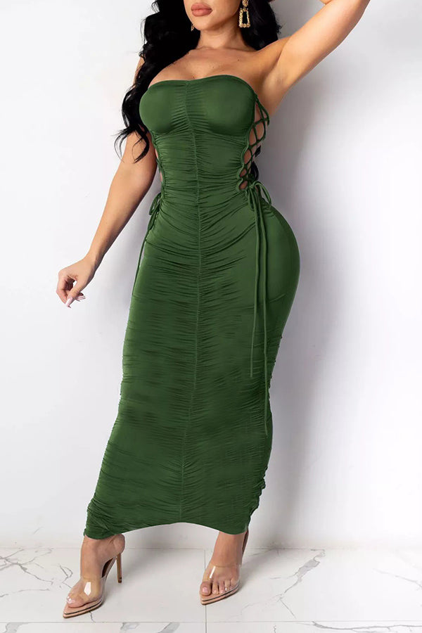 Sexy Wrap Bustier Ruffled Lace-Up Maxi Dress