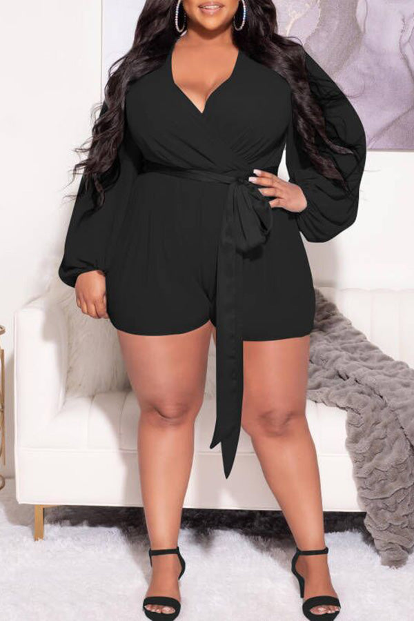 Plus Size Fashion Solid Color Chiffon Romper with Belt