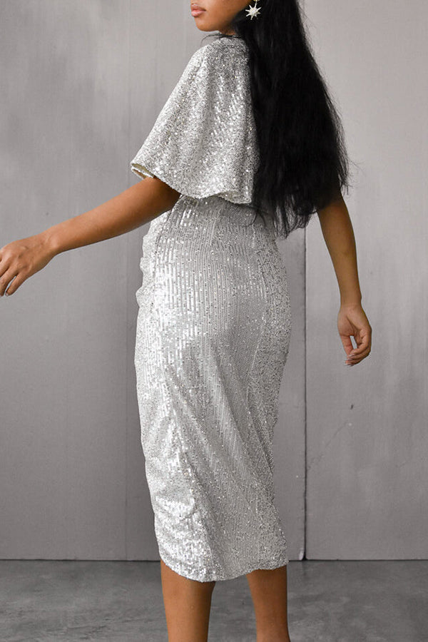Sleek Sequined One-Shoulder Draped Midi Dress