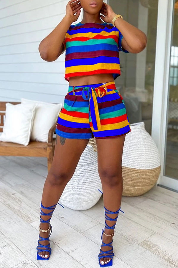 Fashion Colorful Striped Casual T-Shirt Shorts Two-Piece Set