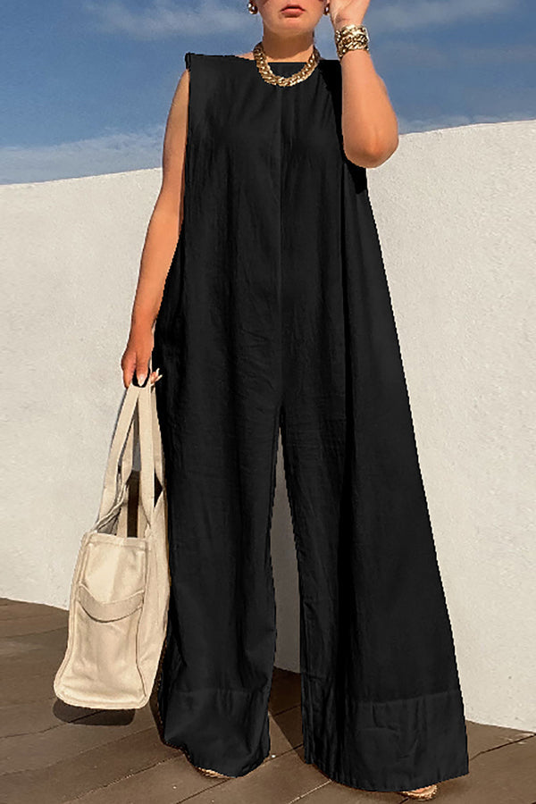 Fashion Loose Solid Color Sleeveless Wide Leg Jumpsuit