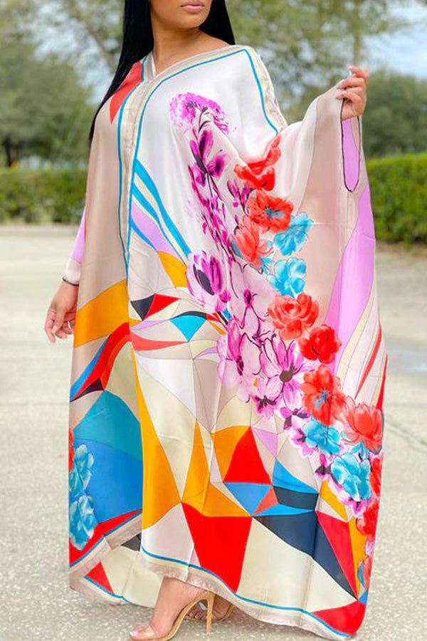Fashion Print Casual Loose V Neck Personalized Cape Dress