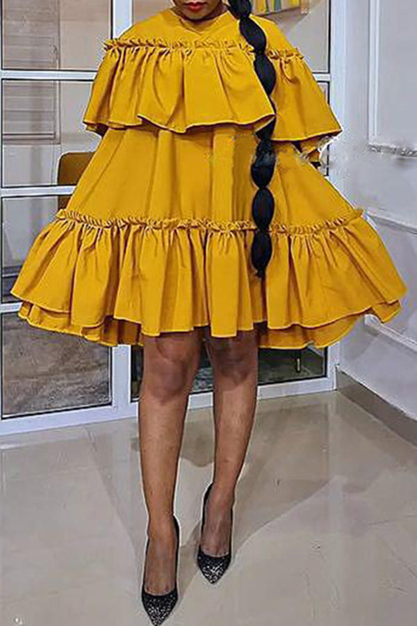 Solid Color Crew Neck Ruffle Loose Sweet Summer Dress