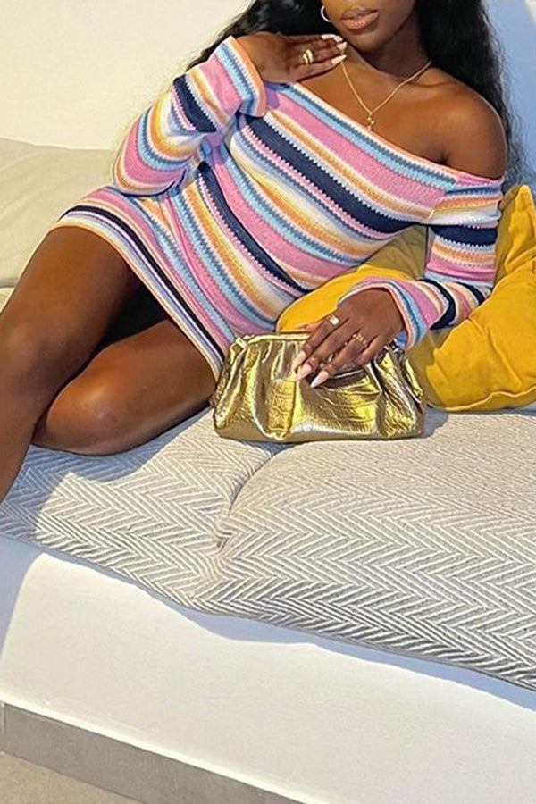 Sexy Off Shoulder Long Sleeve Colorful Striped Slim Fit Dress