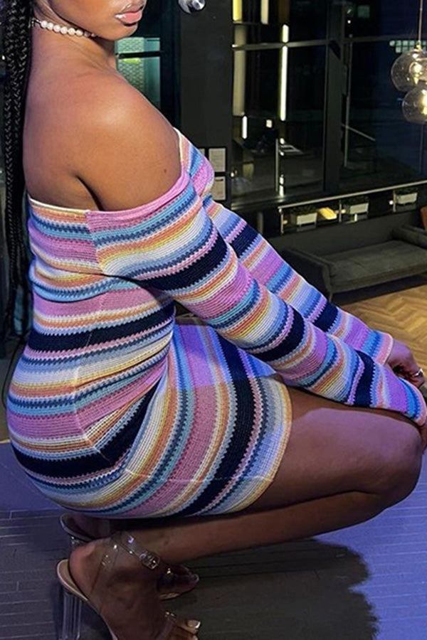 Sexy Off Shoulder Long Sleeve Colorful Striped Slim Fit Dress