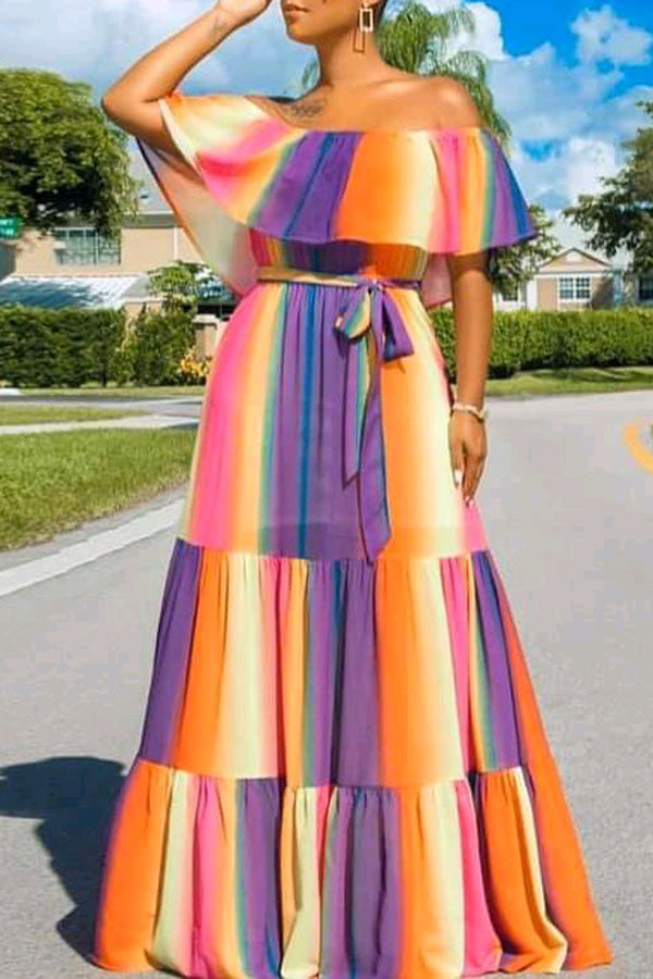 Fashion Trend Splicing Color Stripe Print Swing Dress