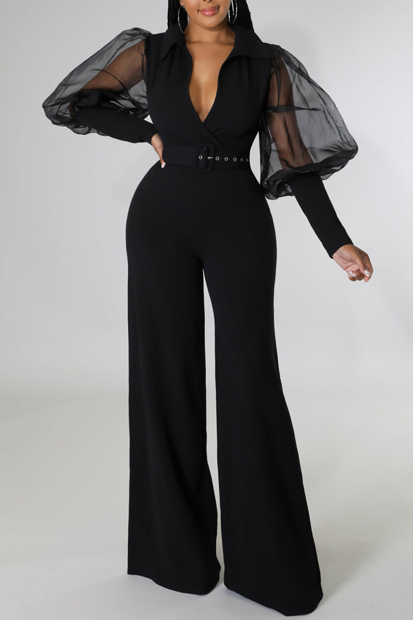 Temperament Personality Lapel Mesh Stitching Puff Sleeve Flared Jumpsuit