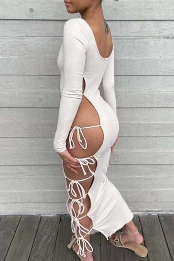 Fashion Sexy Lace Up Solid Color Long Dress