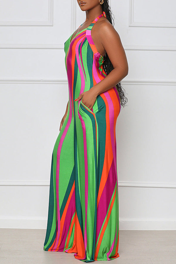 Trendy Holiday Print Lace-Up Halter Wide-Leg Jumpsuit