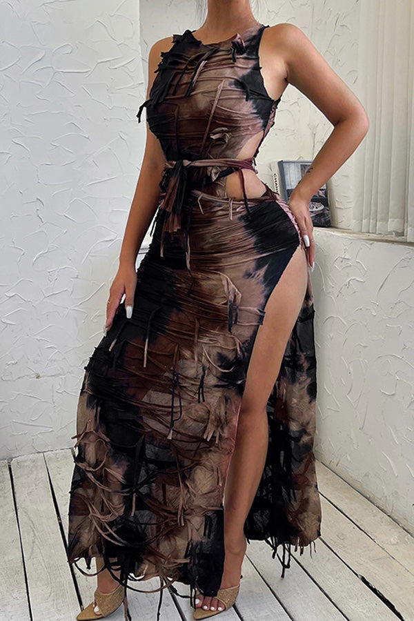Fashion Sexy High Waist Hollow Lace Up Print Dress