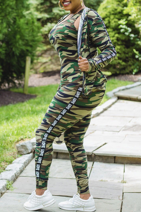 Fashion Casual Camouflage Hooded Cardigan Vest Pants Three-piece Suit