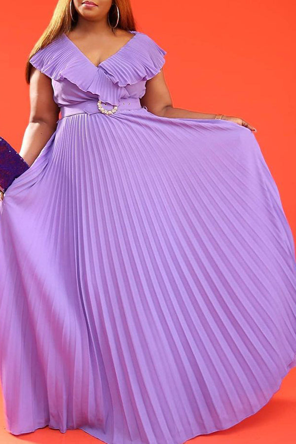 Fashion Ruffle V-Neck Pleated Long Dress
