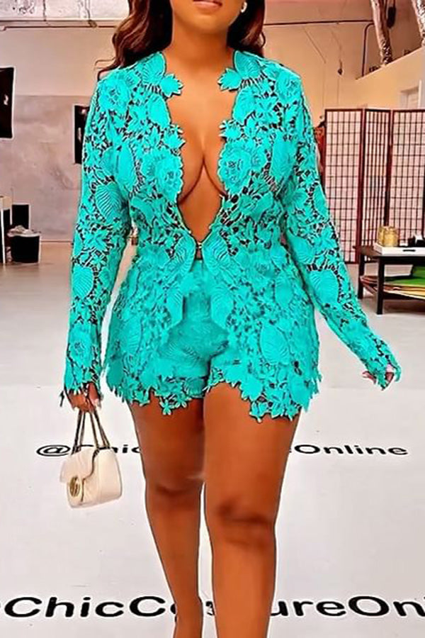 Fashion Solid Color Lace Long Sleeve Shirt Shorts Two Piece Suit