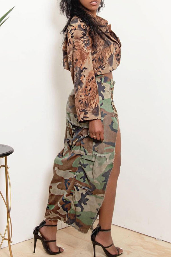Fashion Personality Camouflage Pocket Slit Irregular Long Skirt