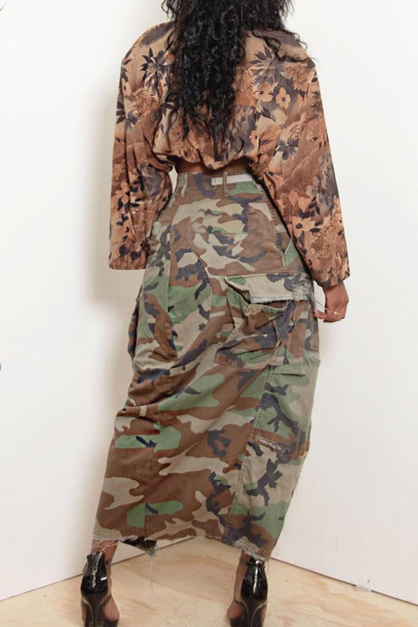 Fashion Personality Camouflage Pocket Slit Irregular Long Skirt