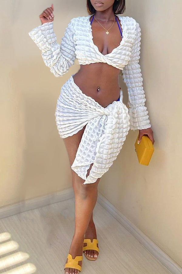 Fashion Bubble Waffle Long Sleeve Knotted Skirt Two Piece Set