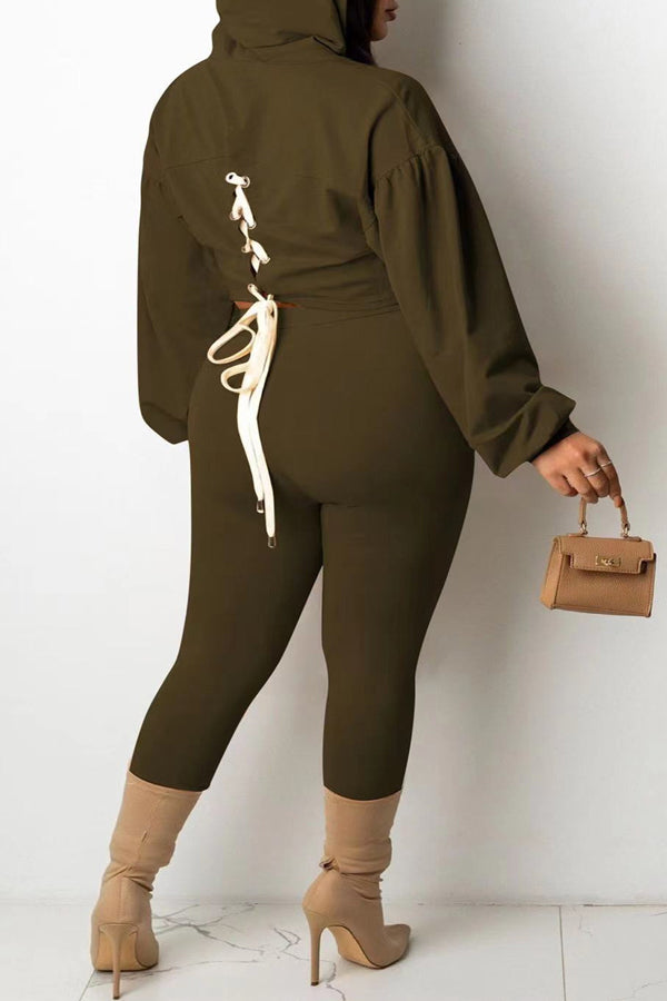 Stylish Loose Casual Print Lace-Up Hoodie Pants Set