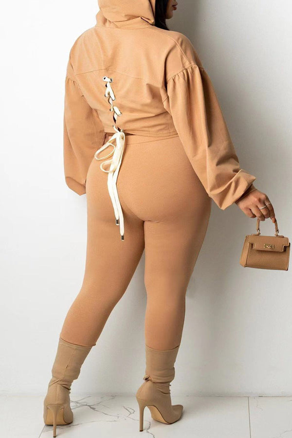 Stylish Loose Casual Print Lace-Up Hoodie Pants Set