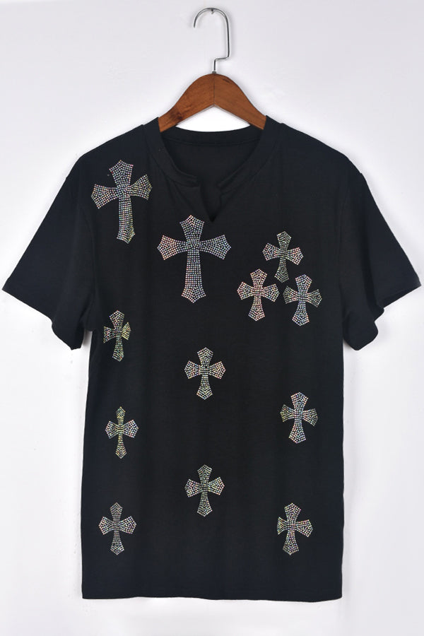 Trendy Shiny Cross Print Short Sleeve T-Shirt